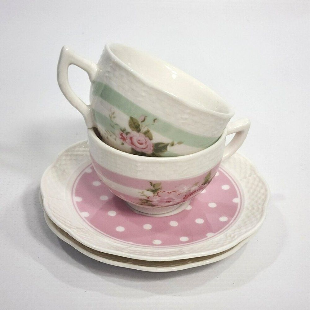 2 sets Nantucket Small Home Porcelain Roses & Polka Dot Demitasse Cup & Saucer